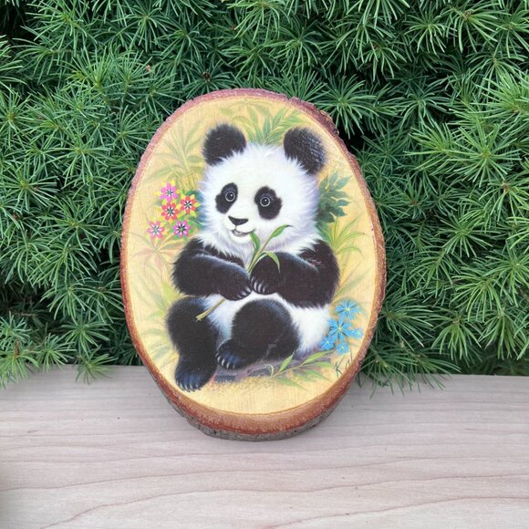 VTG K. Chin Panda Wood Slab Wall Art- Paul Bunyan Logging - Picture 1 of 6